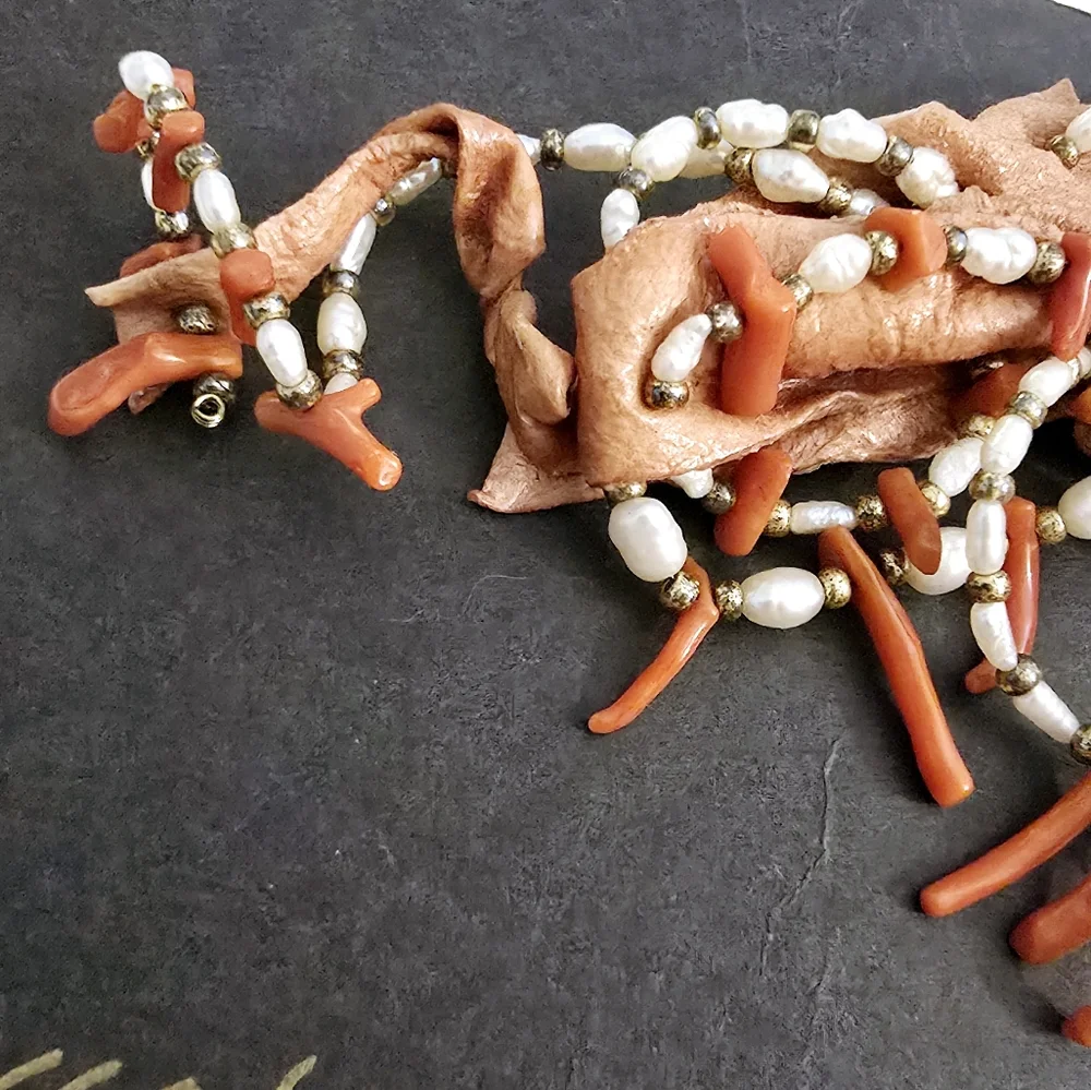Vintage Branch Coral Pearl Suede Leather Hand Crafted Artist Designer Brooch Pin